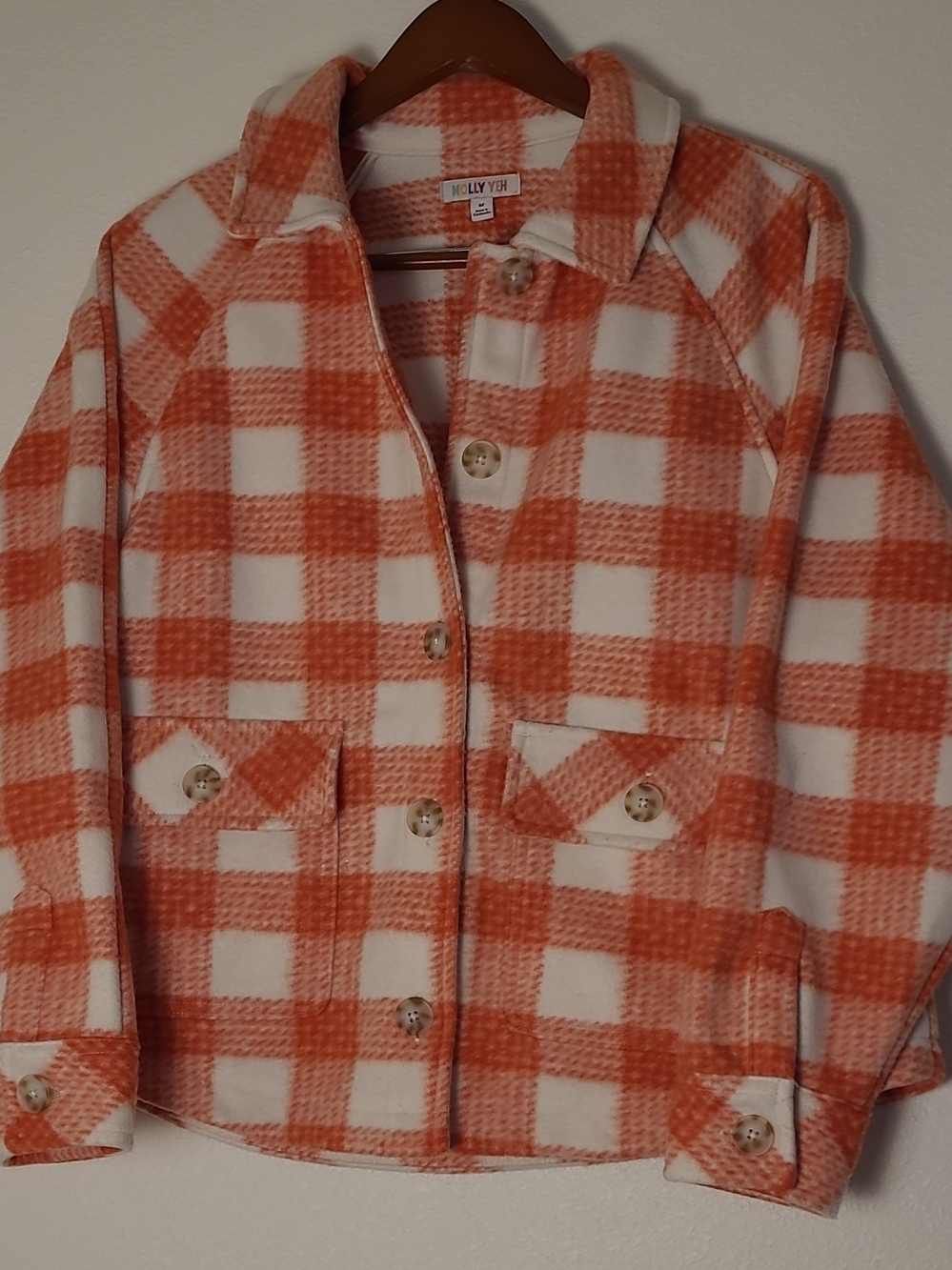 Molly Yeh Womens Orange White Plaid Button Front Pockets Shacket  Jacket Medium